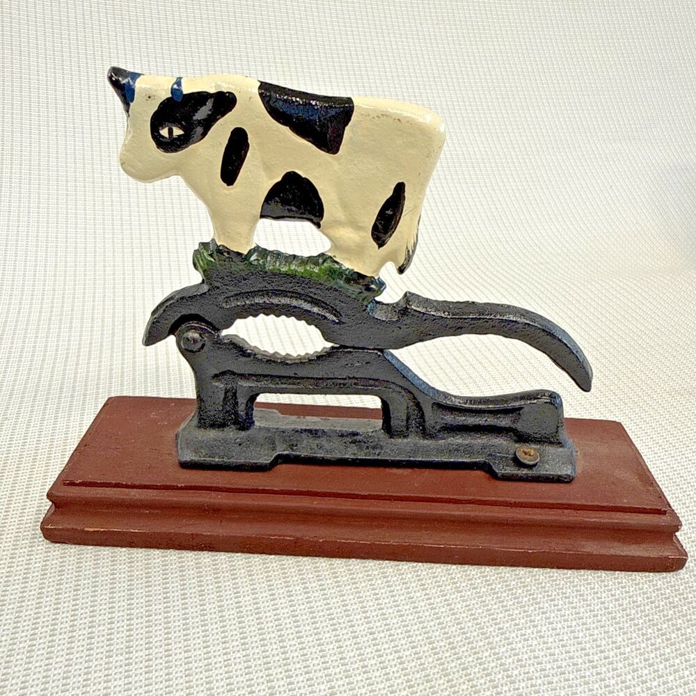 Cast Iron Painted Cow Nutcracker Wood Base Farmhouse Country Cottagecore Decor